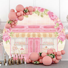 Magasin de fleurs et de gâteaux roses ronds Birtdhay Backdorp