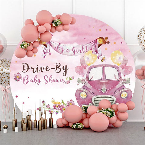 Floral rose et voiture c'est une toile de fond ronde de fête de naissance pour fille