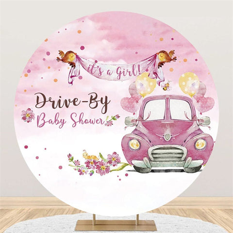 Floral rose et voiture c'est une toile de fond ronde de fête de naissance pour fille