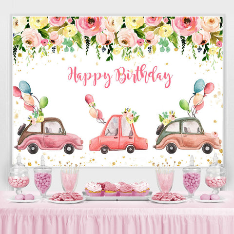 Toile de fond d'anniversaire de défilé de fête florale et de voiture rose