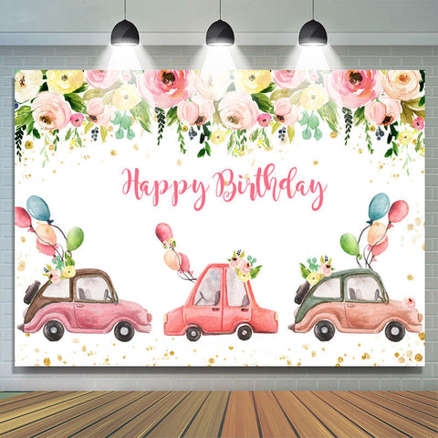 Toile de fond d'anniversaire de défilé de fête florale et de voiture rose