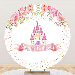 Toile de fond rose floral et chateau rond joyeux anniversaire