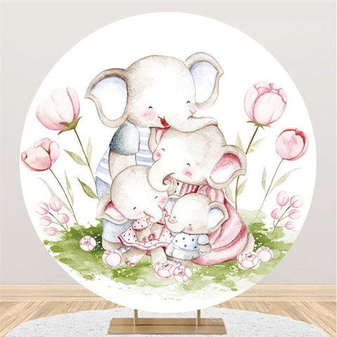 Toile De Fond Ronde De Fête De Bébé De Famille Florale Et D'éléphant Rose