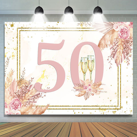 Toile de fond rose floral et paillettes joyeux 50e anniversaire