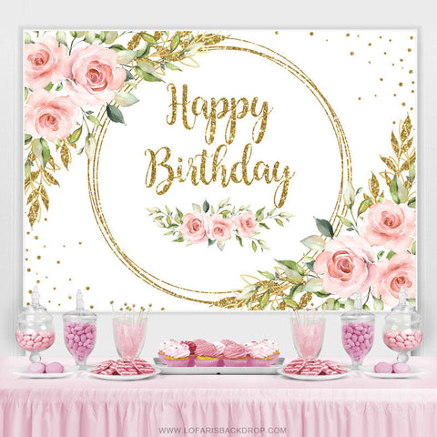 Toile de fond d'anniversaire blanc floral rose et paillettes d'or