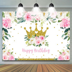 Toile de fond rose florale et couronne dorée pour fille