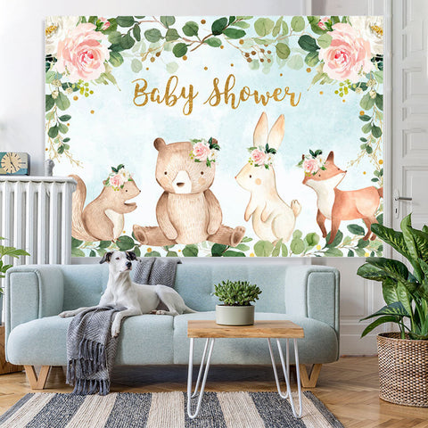 Toile de fond de douche de bébé animal rose floral et vert