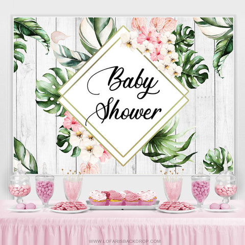 Toile de fond de douche de bébé en bois de feuilles vertes et florales roses