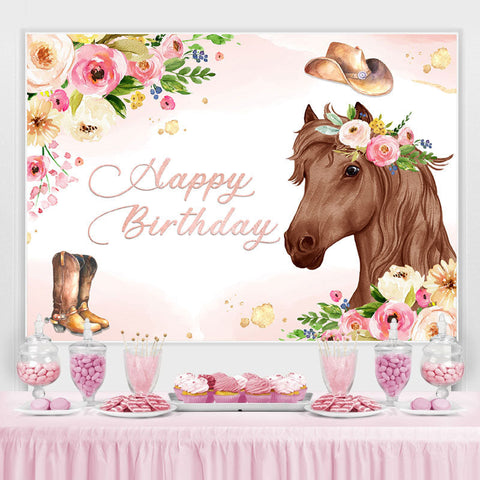 Toile de fond d'anniversaire sur le thème des fleurs roses et des chevaux Cowboy