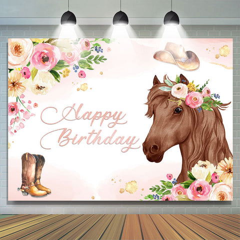 Toile de fond d'anniversaire sur le thème des fleurs roses et des chevaux Cowboy