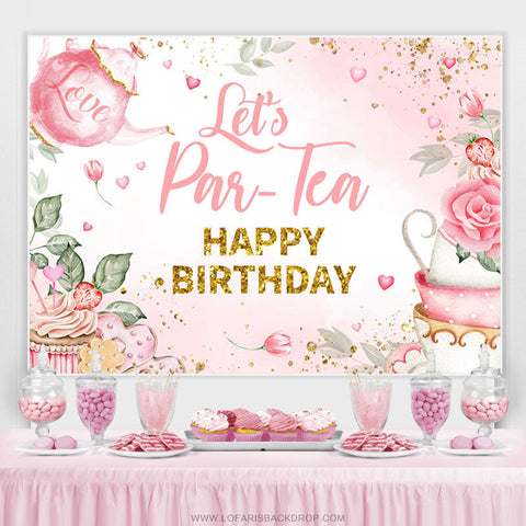 Toile de fond d'anniversaire de paillettes de thé floral et d'amour rose