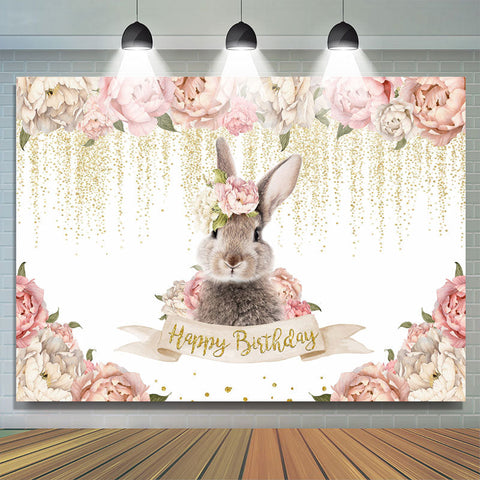 Toile de fond rose floral et lapin paillettes joyeux anniversaire