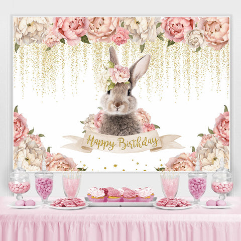 Toile de fond rose floral et lapin paillettes joyeux anniversaire