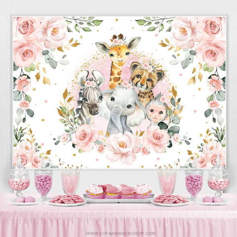 Toile de fond de douche de bébé rose floral et animaux de safari