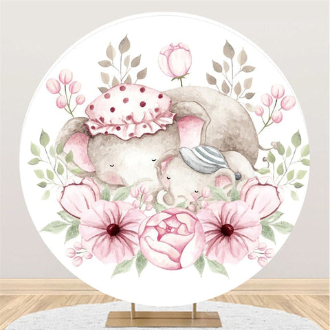 Toile De Fond Ronde De Fête De Bébé D'Éléphant Floral Et Somnolent Rose