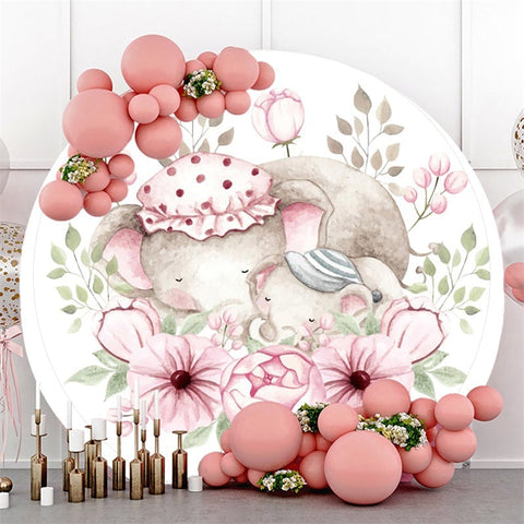 Toile De Fond Ronde De Fête De Bébé D'Éléphant Floral Et Somnolent Rose