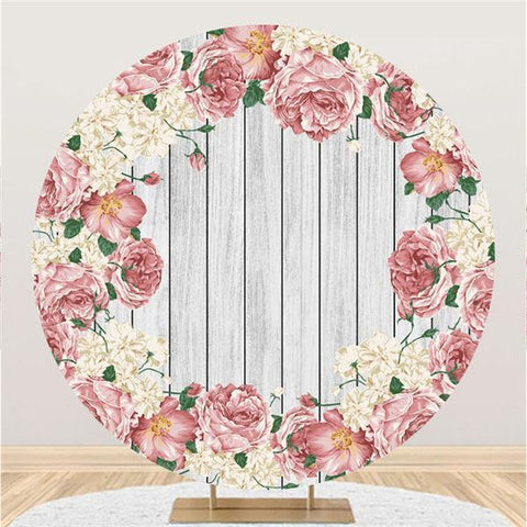 Toile de fond ronde florale rose et bois blanc pour la décoration