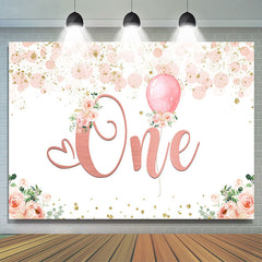 Fond de 1er anniversaire de ballon floral rose pour fille