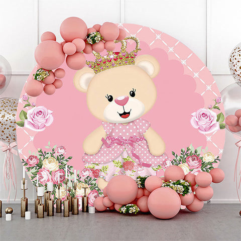 Couverture de toile de fond ronde d'anniversaire d'ours floral rose