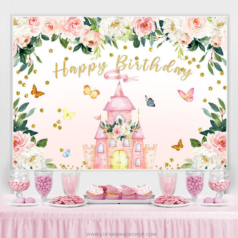 Toile de fond de joyeux anniversaire de château de papillon floral rose