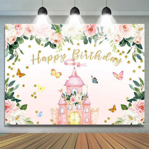 Toile de fond de joyeux anniversaire de château de papillon floral rose