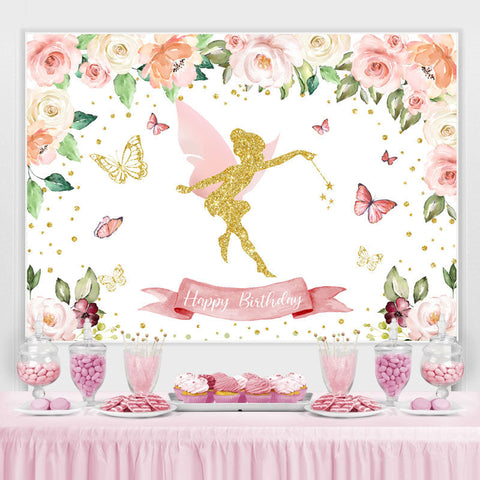 Toile de fond joyeux anniversaire fée papillon floral rose