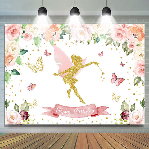 Toile de fond joyeux anniversaire fée papillon floral rose