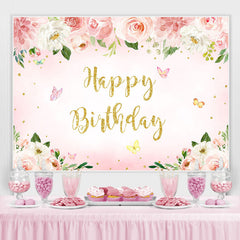 Fond de joyeux anniversaire de paillettes de papillon floral rose
