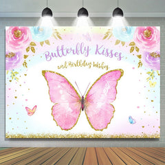 Fond de fête joyeux anniversaire papillon floral rose