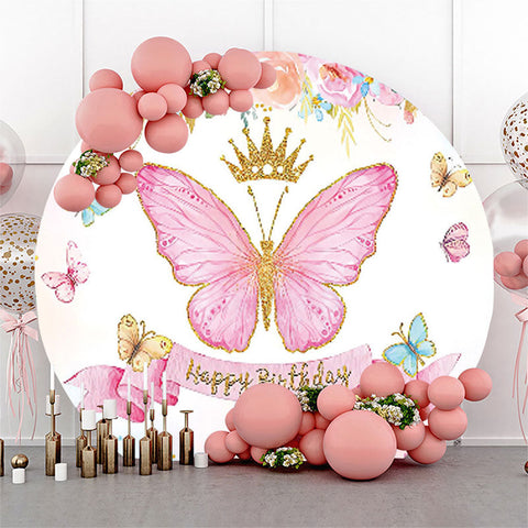 Toile de fond ronde joyeux anniversaire papillon floral rose