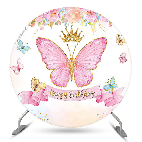 Toile de fond ronde joyeux anniversaire papillon floral rose