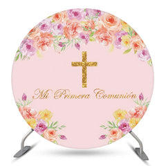 Toile de fond ronde de baptême de croix de communion florale rose
