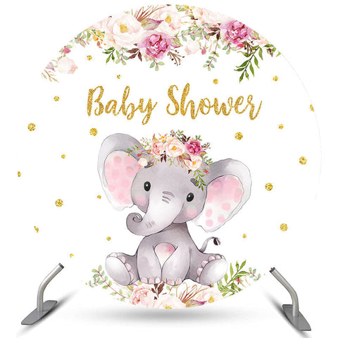 Toile de fond de douche de bébé ronde paillettes éléphant floral rose
