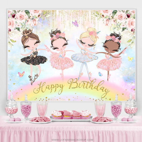 Fond de joyeux anniversaire de fille de danse de paillettes florales roses