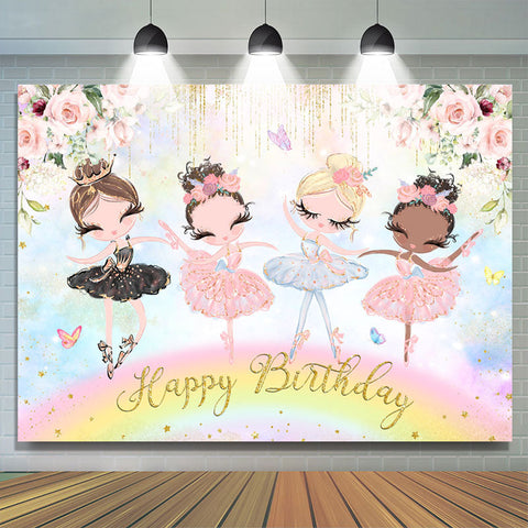 Fond de joyeux anniversaire de fille de danse de paillettes florales roses