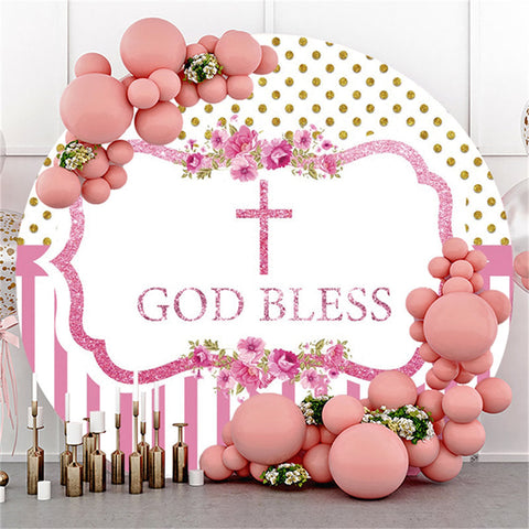 Fond de douche de bébé rond à paillettes florales roses que Dieu bénisse