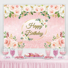 Toile de fond de joyeux anniversaire de paillettes florales roses pour fille