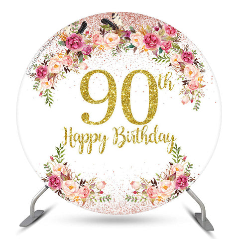 Toile de fond ronde du 90e anniversaire de paillettes florales roses