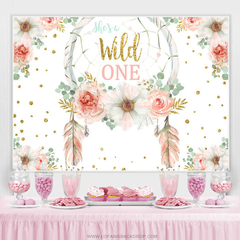 Pink Floral Glitter Shes A Wild One Birthday Backdrop