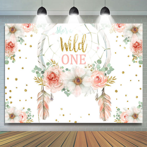 Pink Floral Glitter Shes A Wild One Birthday Backdrop