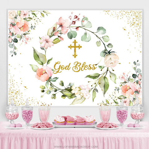 Bannière de toile de fond de douche de bébé rose Floral Gold God Bless