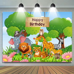 Fond d'anniversaire d'animaux de dessin animé de forêt verte florale rose