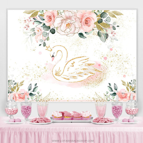 Toile de fond d'anniversaire de cygne de paillettes d'or de feuille verte florale rose