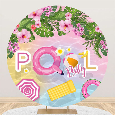 Toile de fond de fête d'anniversaire de piscine ronde de feuille verte florale rose
