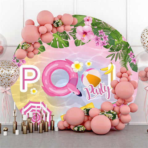 Toile de fond de fête d'anniversaire de piscine ronde de feuille verte florale rose