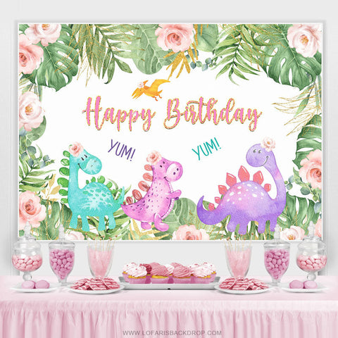 Fond d'anniversaire de dinosaure mignon feuilles vertes florales roses