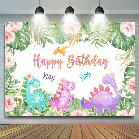 Fond d'anniversaire de dinosaure mignon feuilles vertes florales roses