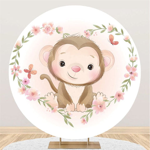 Toile de fond de cercle de baby shower sur le thème du singe floral rose