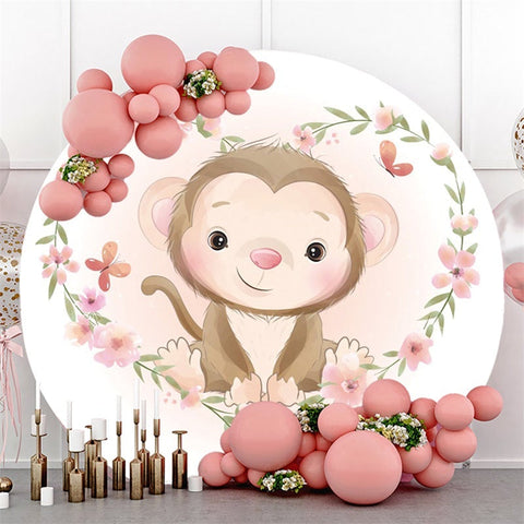 Toile de fond de cercle de baby shower sur le thème du singe floral rose