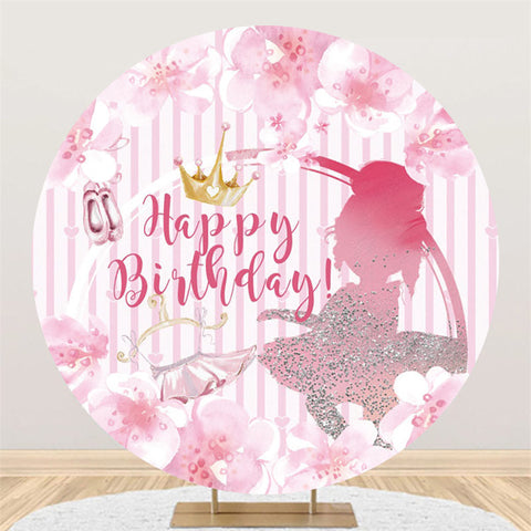 Toile de fond d'anniversaire ronde pour filles à paillettes argentées florales roses